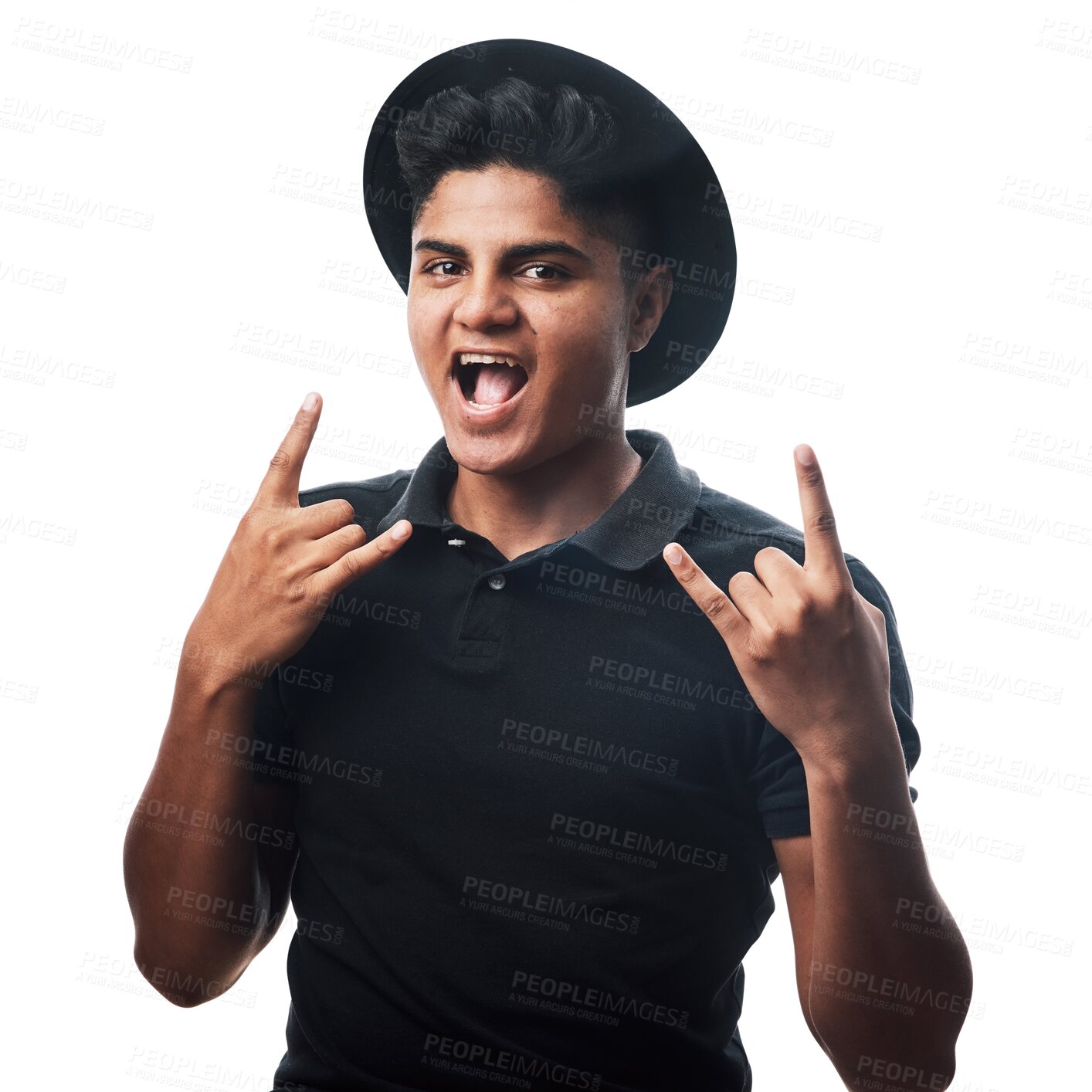 Buy stock photo Portrait, excited and man with rock sign, smile and guy isolated against a transparent background. Face, male person and rocker with hand symbol, heavy metal and party with happiness, fashion and png