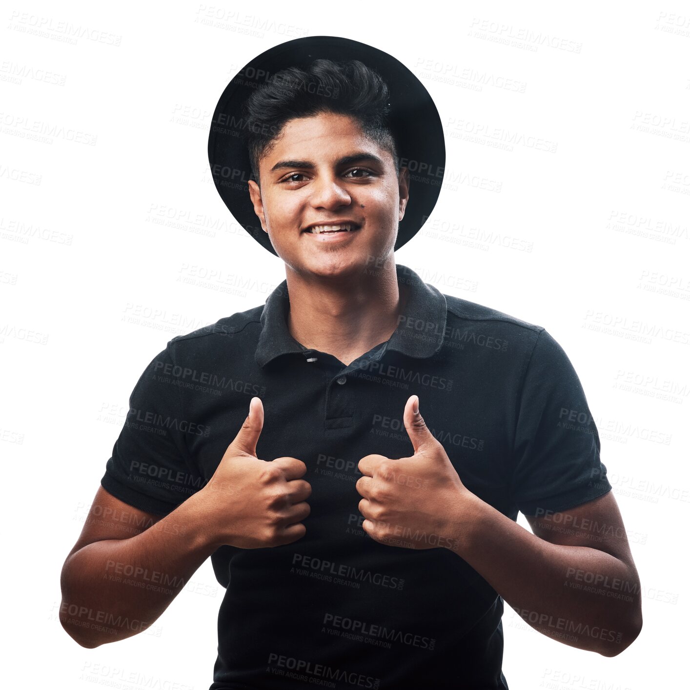 Buy stock photo Portrait, like or happy man with thumbs up for winning isolated on transparent png background. Success, thank you or face of Indian person giving thumbsup for agreement, yes or approval with smile