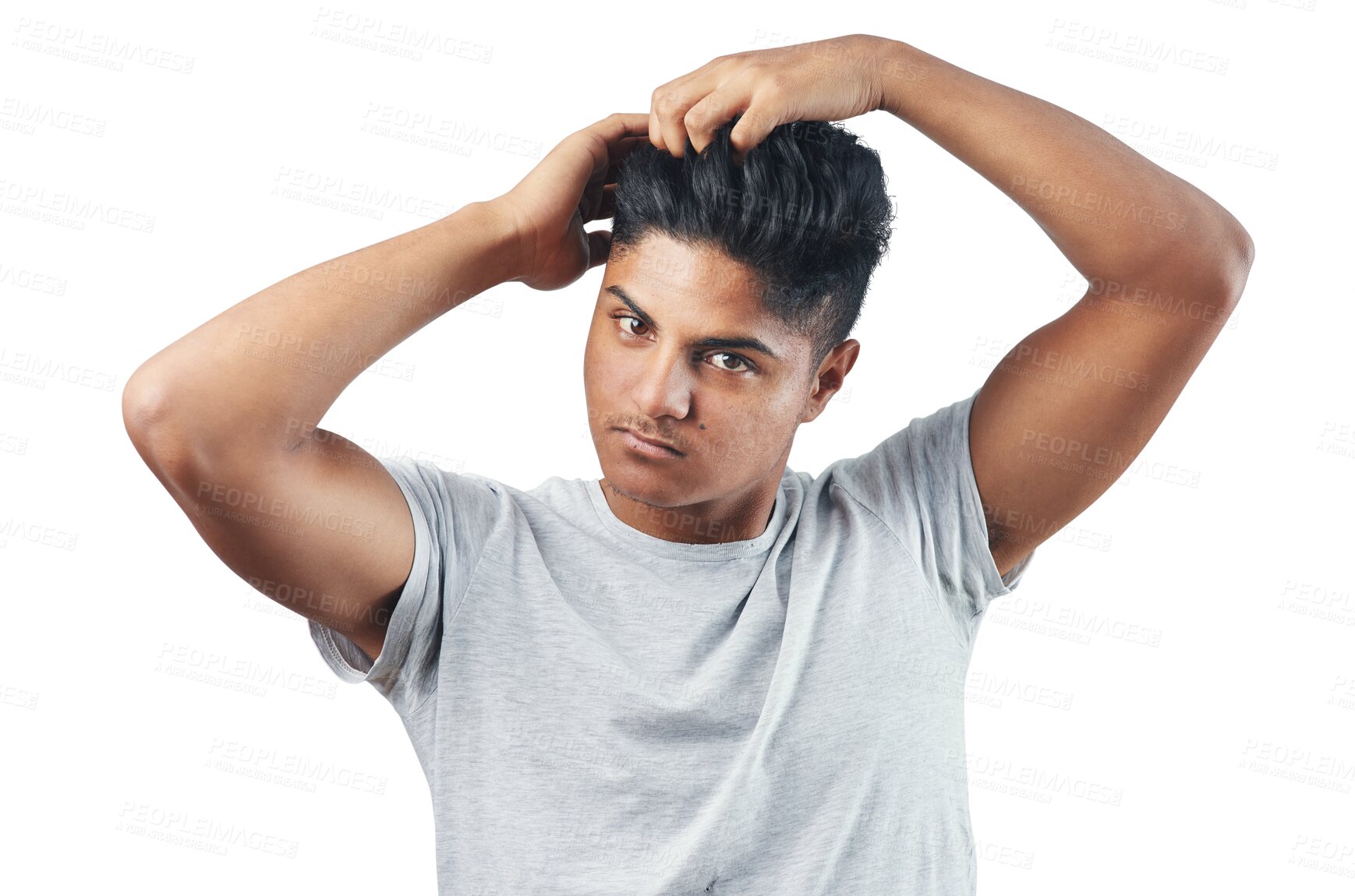 Buy stock photo Man, touching and hair in portrait with serious face in png or isolated and transparent background. Haircare, fixing and salon for lifestyle for grooming or wellness with treatment and style.