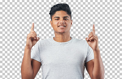 Buy stock photo Portrait, man and pointing up to sale promotion in png or isolated or transparent background in india. Advertisement, male person and presenting promo or product placement, recommend for shopping.