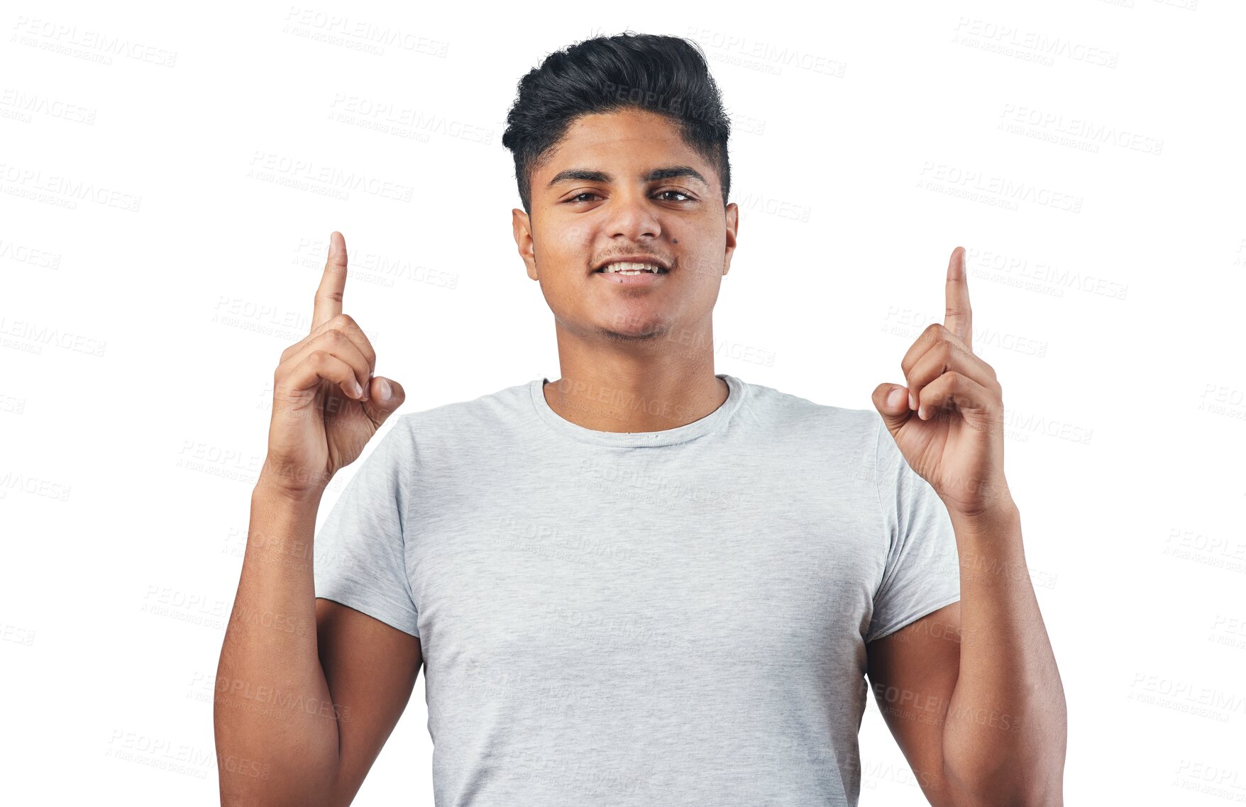 Buy stock photo Portrait, man and pointing up to sale promotion in png or isolated or transparent background in india. Advertisement, male person and presenting promo or product placement, recommend for shopping.