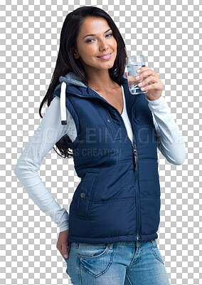 Buy stock photo Healthy, portrait or happy woman drinking water for hydration isolated on transparent png background. Beverage, detox or thirsty girl smiling with a glass of h2o liquid drink for wellness or detox