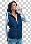 PNG A studio shot of a beautiful woman drinking a glass of waterisolated on a transparent PNG background