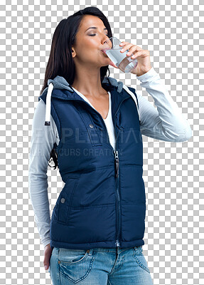 Buy stock photo Healthy, thirsty or woman drinking water for hydration isolated on transparent png background. Winter jacket, eyes closed or girl with fresh cold glass of h2o liquid drink for wellness or detox 