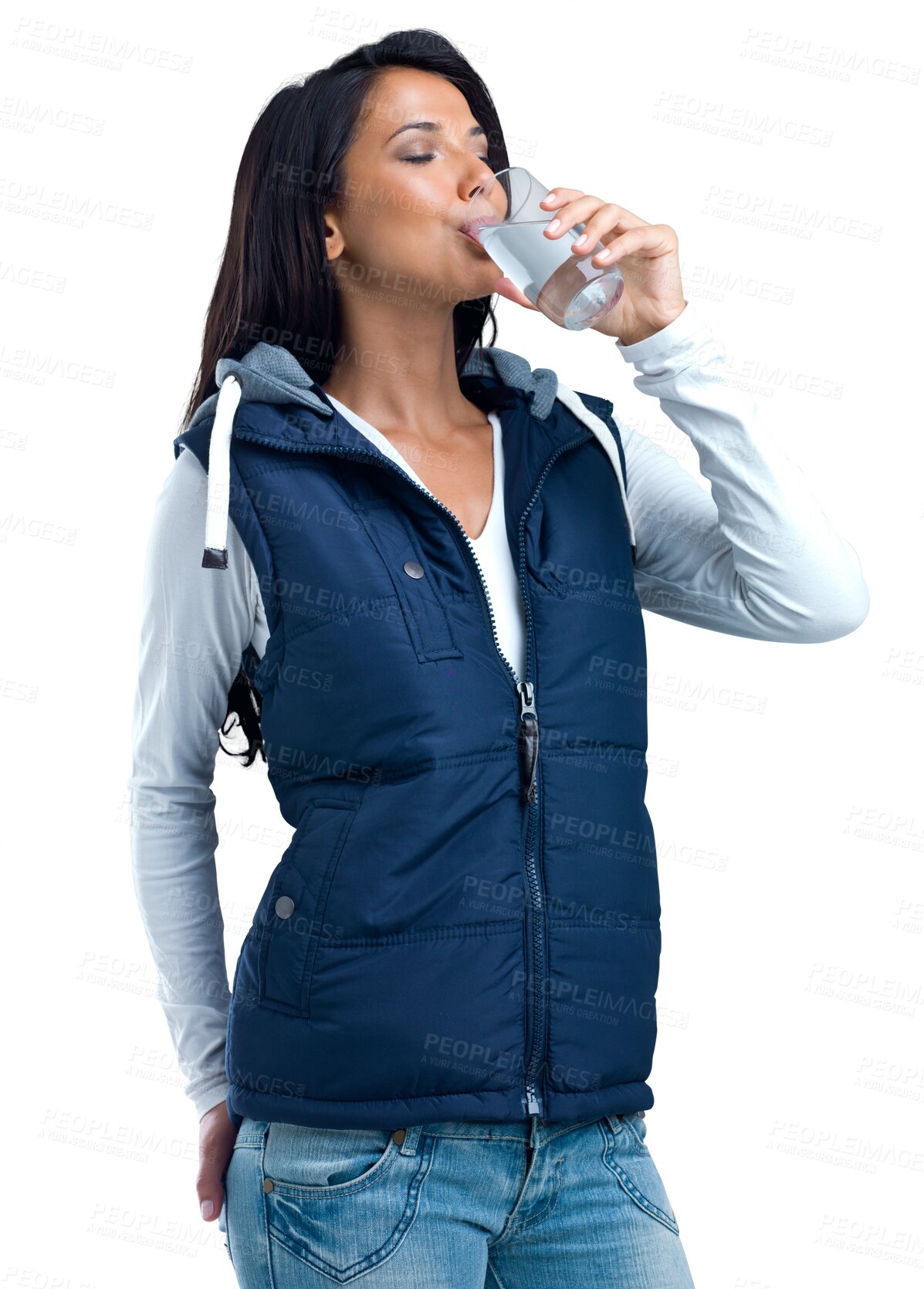 Buy stock photo Healthy, thirsty or woman drinking water for hydration isolated on transparent png background. Winter jacket, eyes closed or girl with fresh cold glass of h2o liquid drink for wellness or detox 