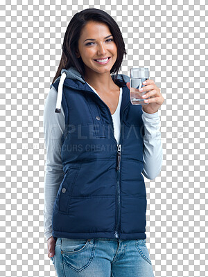 Buy stock photo Healthy, portrait or happy girl drinking water for hydration isolated on transparent png background. Beverage, face or thirsty woman smiling with fresh glass of h2o liquid drink for wellness or detox