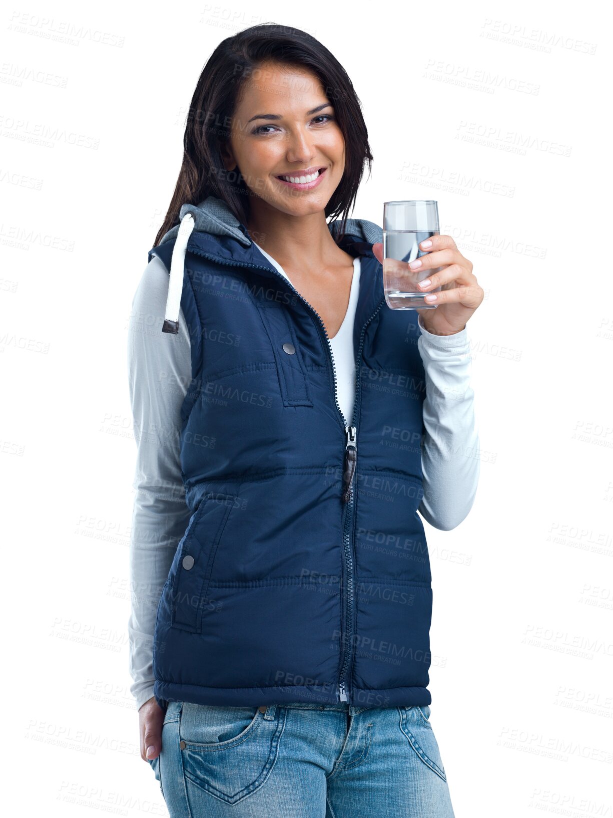 Buy stock photo Healthy, portrait or happy girl drinking water for hydration isolated on transparent png background. Beverage, face or thirsty woman smiling with fresh glass of h2o liquid drink for wellness or detox