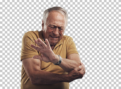 Buy stock photo Isolated senior man, elbow joint pain and stress with frustrated face by transparent png background. Elderly person, old guy and angry with bone injury, arthritis and osteoporosis in retirement