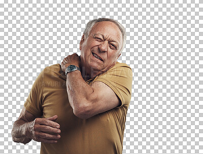 Buy stock photo Senior man, pain and hand on shoulder while frustrated with health problem, arthritis or osteoporosis. Elderly person frown for body muscle, injury or stress isolated on a transparent, png background