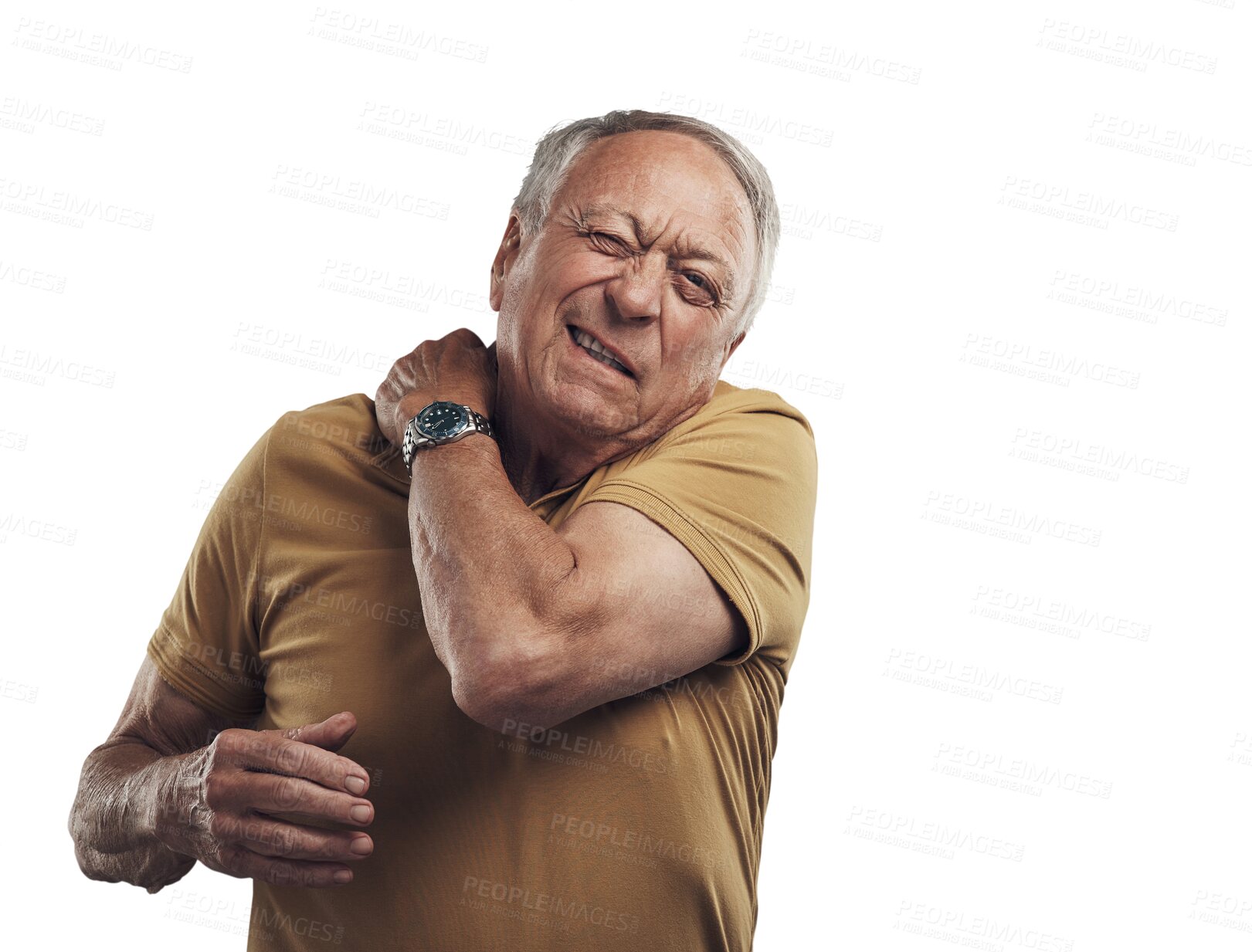 Buy stock photo Senior man, pain and hand on shoulder while frustrated with health problem, arthritis or osteoporosis. Elderly person frown for body muscle, injury or stress isolated on a transparent, png background