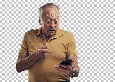 Buy stock photo Pointing, website and elderly man with a smartphone, connection and guy isolated against a transparent background. Mature male person, pensioner and model with hand gesture, cellphone and png with 