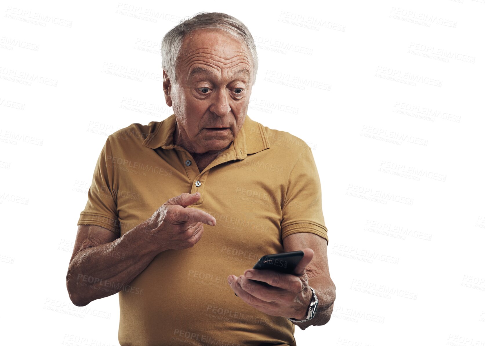 Buy stock photo Pointing, website and elderly man with a smartphone, connection and guy isolated against a transparent background. Mature male person, pensioner and model with hand gesture, cellphone and png with 