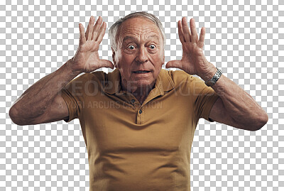Buy stock photo Shocked, stress and senior man with panic, scared and guy isolated on a transparent background. Mature male person, model and png with anxiety, stress and fear with wow, omg and nervous with surprise