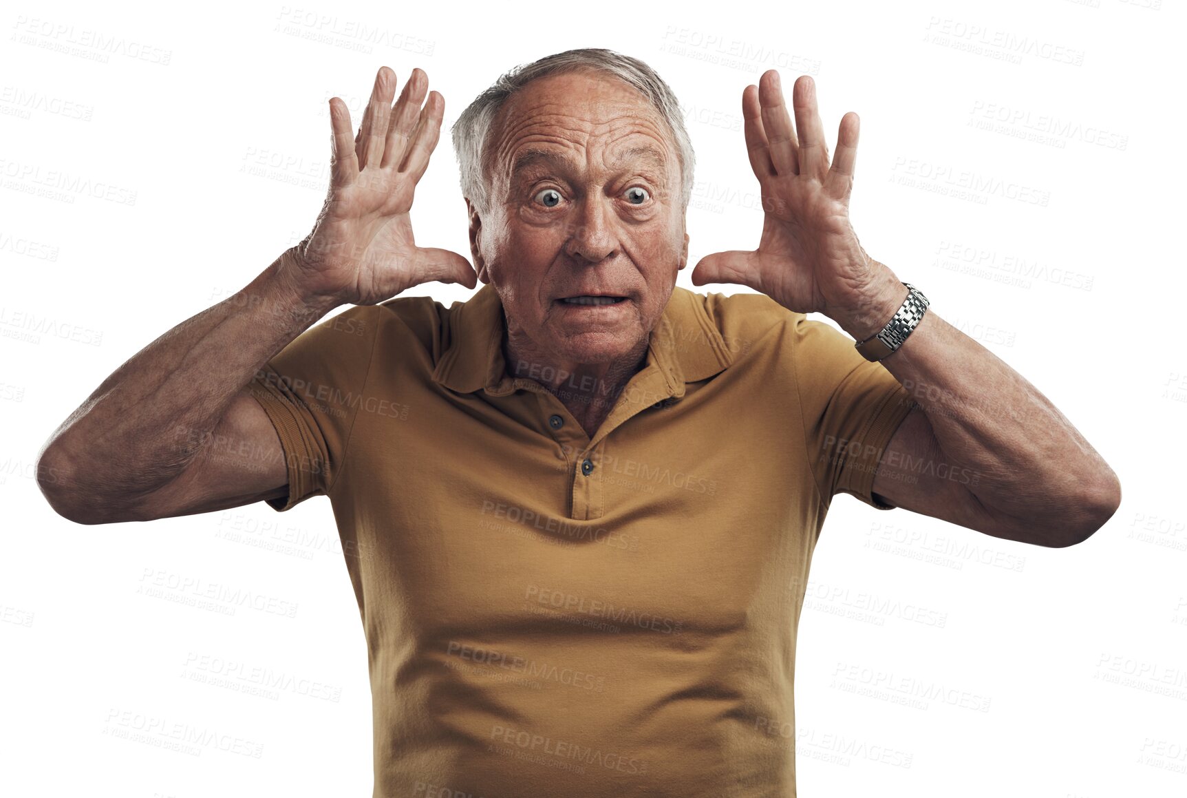 Buy stock photo Shocked, stress and senior man with panic, scared and guy isolated on a transparent background. Mature male person, model and png with anxiety, stress and fear with wow, omg and nervous with surprise