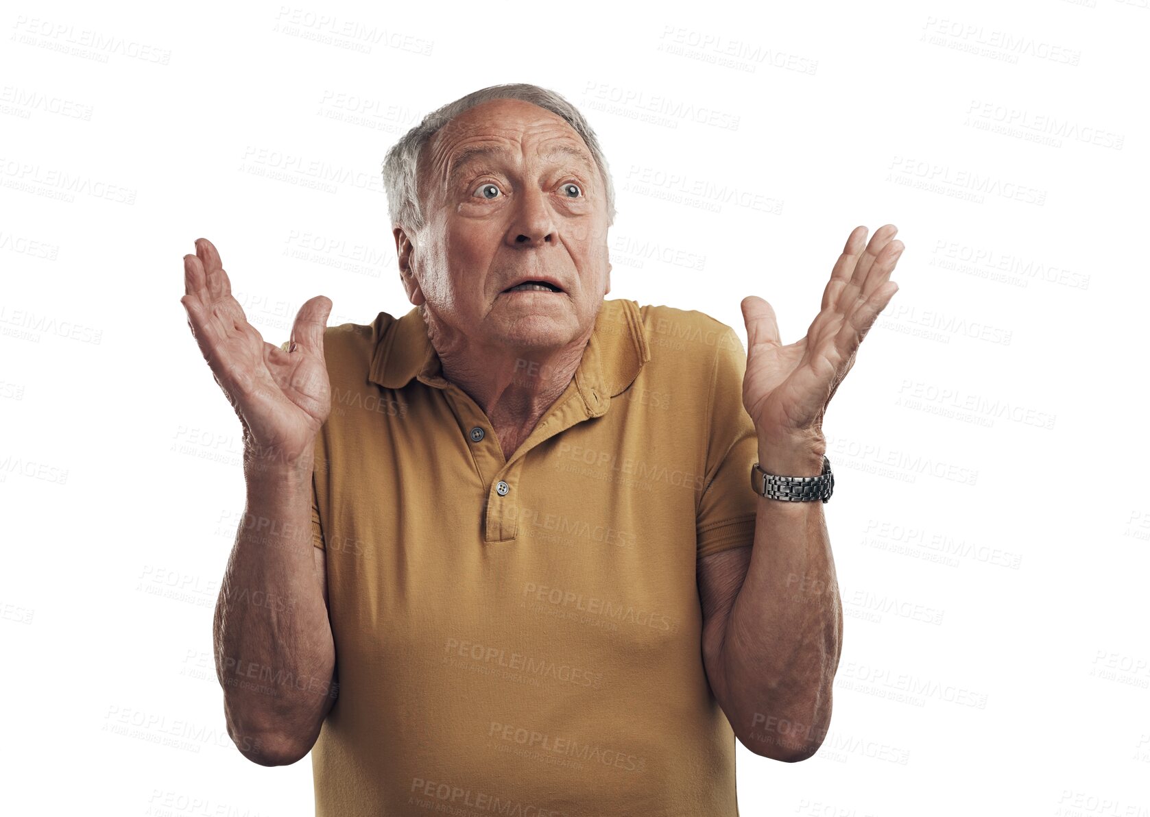 Buy stock photo Surprised, stress or scared senior man with panic or fear isolated on transparent png background. Nervous, shocked or mature male person with anxiety, wow or omg reaction to scary news or problem