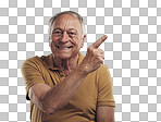 PNG Studio shot of an elderly man pointing in at something and smiling against a grey background