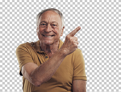 Buy stock photo Elderly man, pointing finger and smile portrait with hand for advertising announcement or promotion. Happy face of a senior person with marketing choice isolated on a transparent, png background