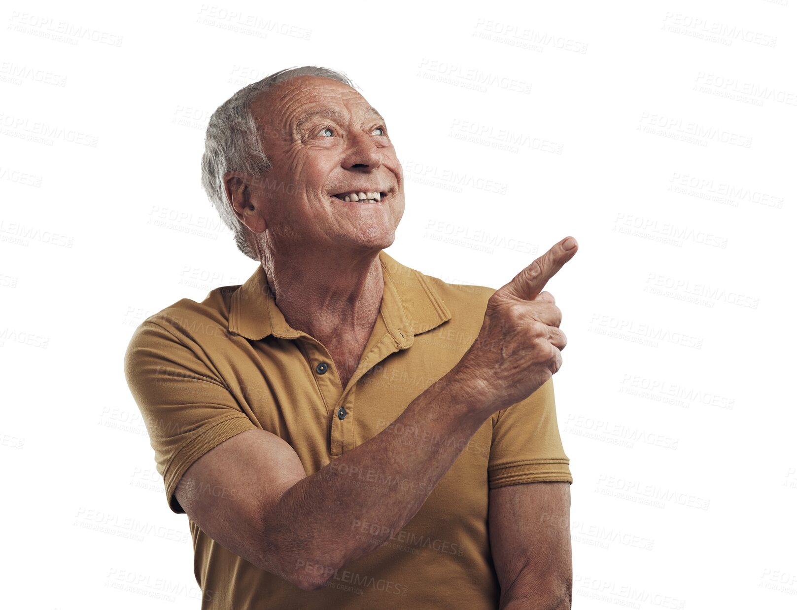 Buy stock photo Pointing, smile or old man with promotion offer or deal isolated on transparent png background. Happy, announcement or elderly person showing senior citizen information, news or marketing discount