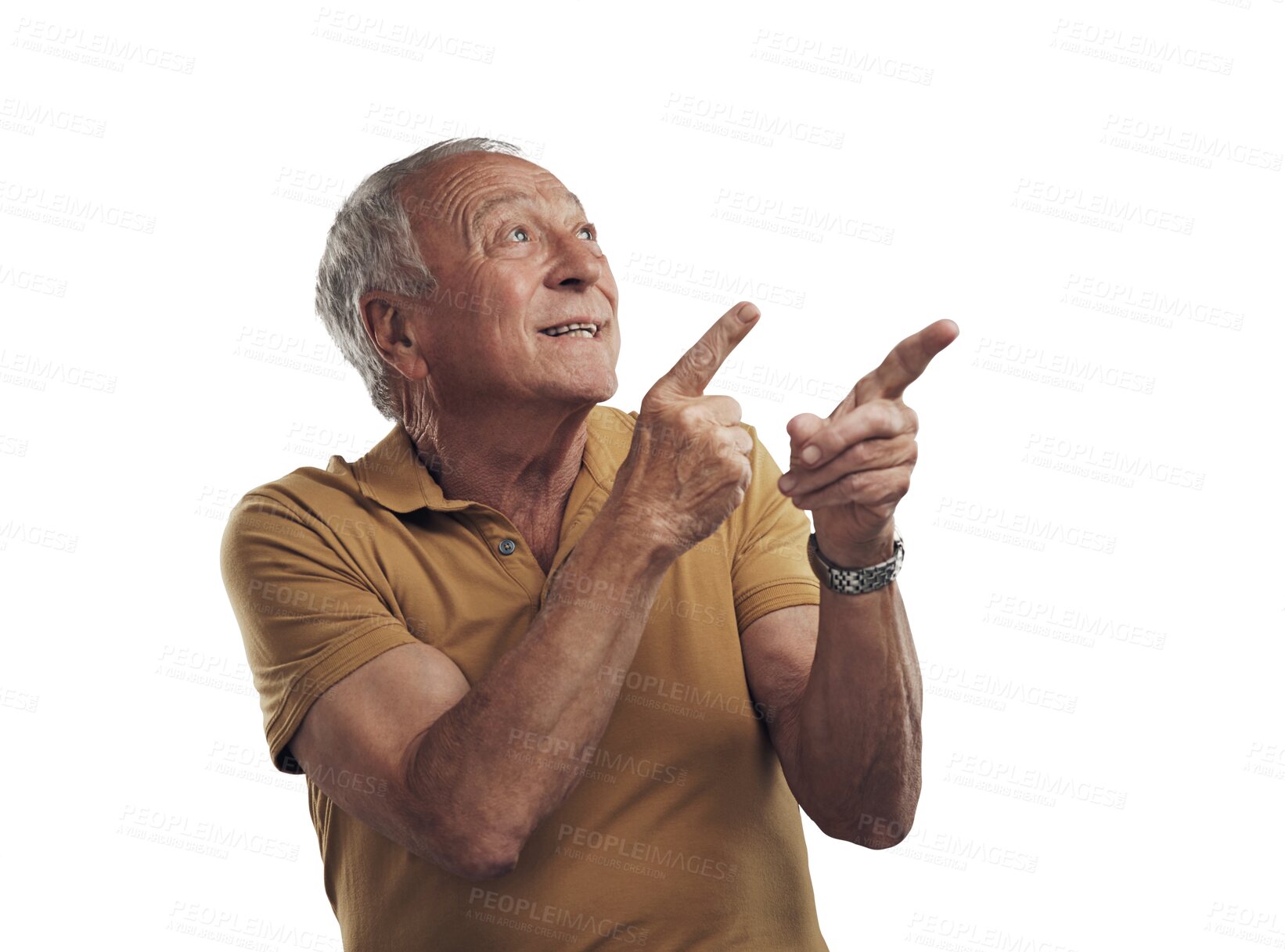 Buy stock photo Pointing, excited or old man with promotion offer or deal isolated on transparent png background. Happy, announcement or elderly person showing senior citizen information, news or marketing discount