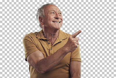 Buy stock photo Pointing, happy or old man with announcement news isolated on transparent png background. Smile, announcement or elderly person showing senior citizen information, deal offer or marketing promotion