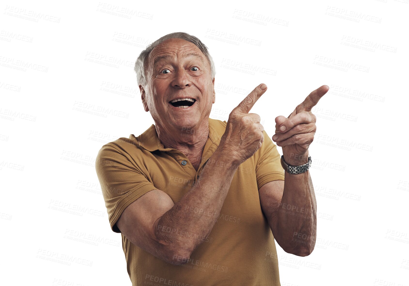 Buy stock photo Pointing, portrait or excited old man with announcement deal offer isolated on transparent png background. Happy, announcement or elderly person showing senior citizen news, marketing or sales promo
