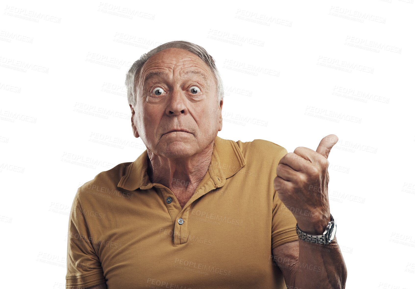 Buy stock photo Portrait, pointing and senior man with surprise, showing and guy isolated against a transparent background. Face, mature male person and model with hand gesture, shocked and announcement with png