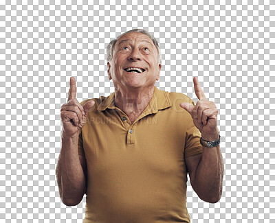 Buy stock photo Happy, excited and pointing up with senior man on transparent background for news, announcement and promotion. Solution, idea and funny with person isolated on png for hand gesture and presentation