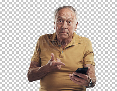 Buy stock photo Portrait, pointing and senior man with a smartphone, angry guy and spam isolated on a transparent background. Face, male person and elderly model with a phone, scam and frustrated with png and error
