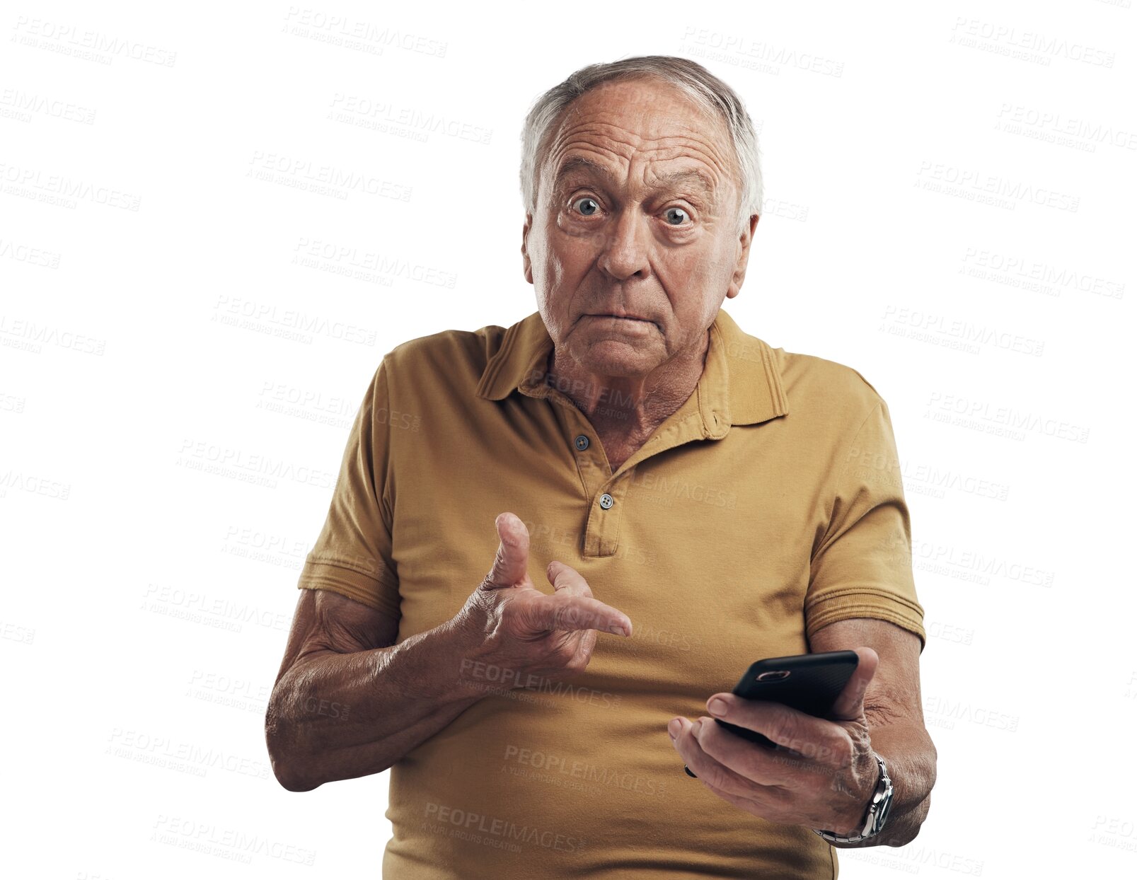 Buy stock photo Portrait, pointing and senior man with a smartphone, angry guy and spam isolated on a transparent background. Face, male person and elderly model with a phone, scam and frustrated with png and error