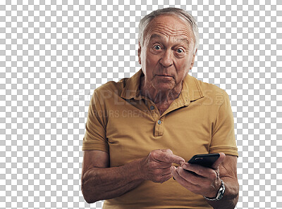 Buy stock photo Portrait, pointing and senior man with a cellphone, shocked or fake news isolated on transparent background. Face, male person or elderly model with a smartphone, png or scam with error, wrong or wow