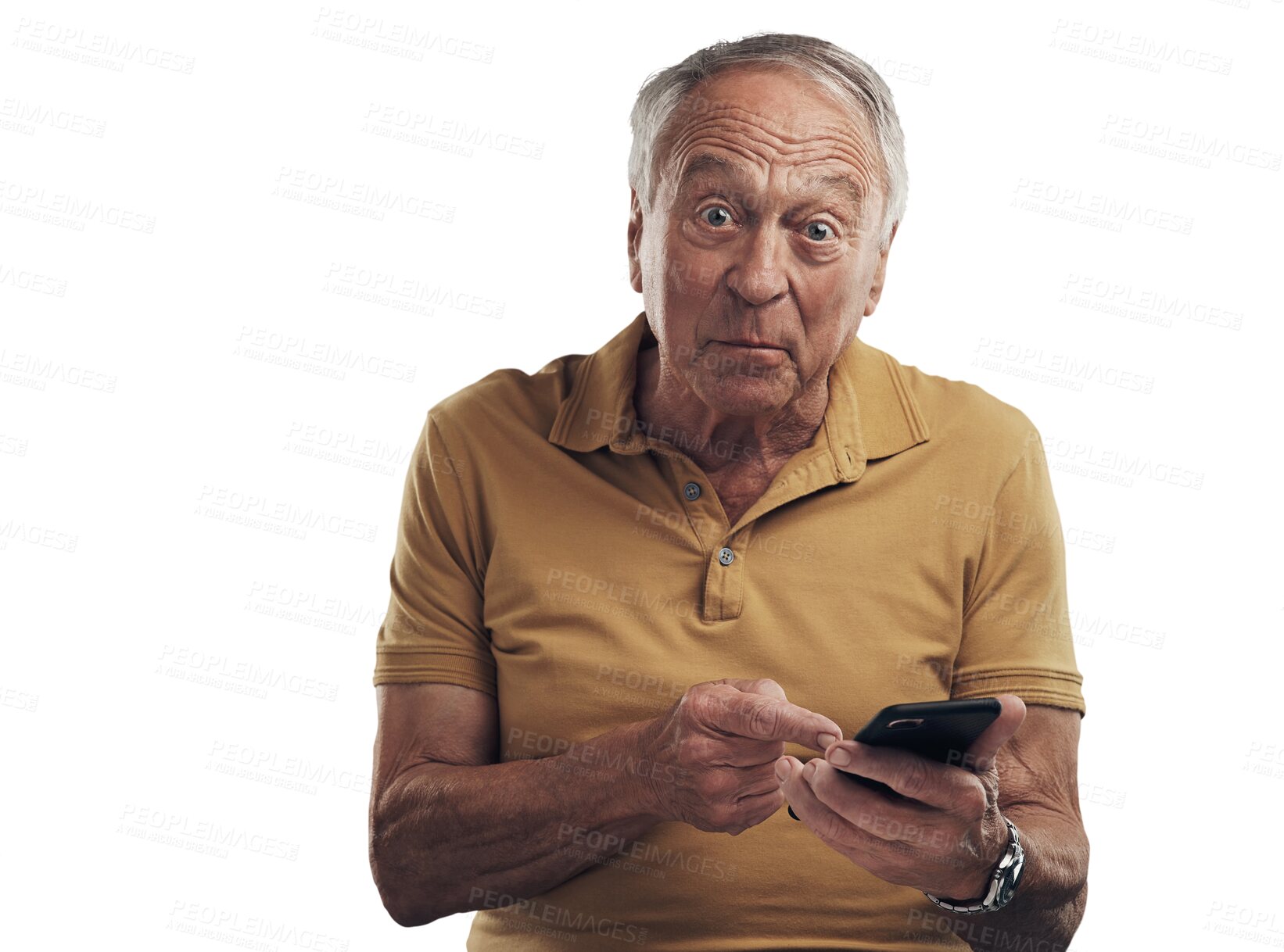 Buy stock photo Portrait, pointing and senior man with a cellphone, shocked or fake news isolated on transparent background. Face, male person or elderly model with a smartphone, png or scam with error, wrong or wow