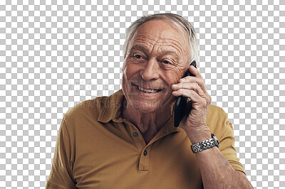 Buy stock photo Phone call, smile or senior man with communication, discussion or elderly guy isolated against a transparent background. Mature male person, old model or pensioner with a cellphone, png or connection