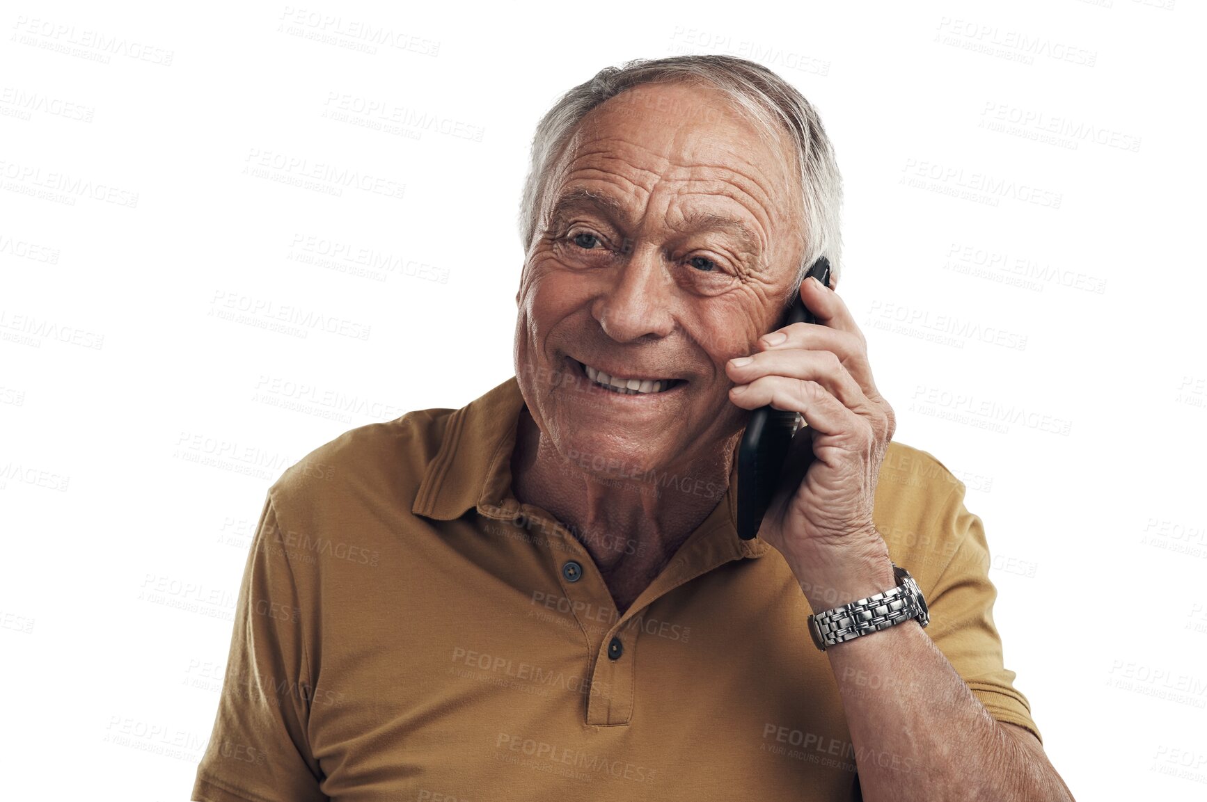 Buy stock photo Phone call, smile or senior man with communication, discussion or elderly guy isolated against a transparent background. Mature male person, old model or pensioner with a cellphone, png or connection