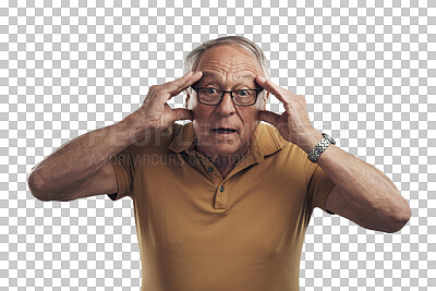 Buy stock photo Portrait, stress and senior man with a headache, health issue and mature guy isolated against a transparent background. Face, elderly male person or old model with a migraine, medical problem and png