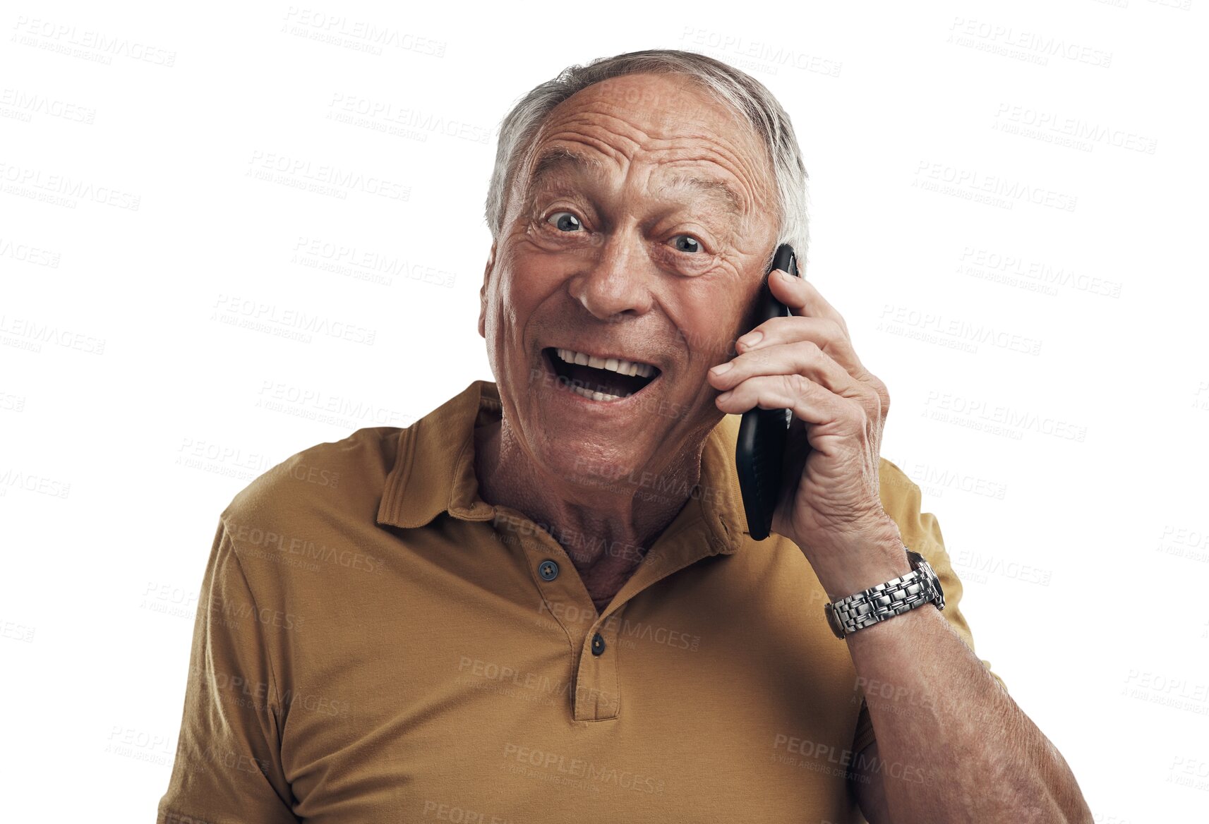 Buy stock photo Face, phone call and senior man with a smile, excited and guy isolated on a transparent background.Portrait, mature male person or elderly model with a smartphone, winner and surprise hello with png