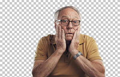 Buy stock photo Surprise, elderly man and portrait with glasses and shock in png or isolated and transparent background. Worried face, senior male and gossip with scared and amazed expression, afraid, with emotion.
