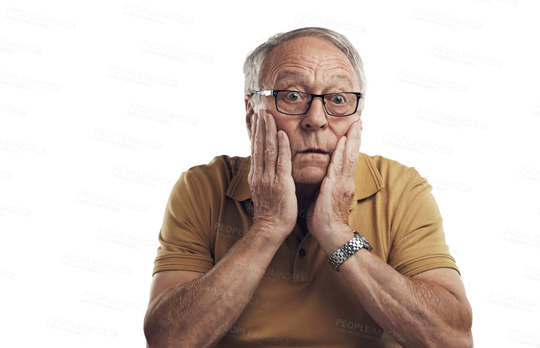 Buy stock photo Surprise, elderly man and portrait with glasses and shock in png or isolated and transparent background. Worried face, senior male and gossip with scared and amazed expression, afraid, with emotion.