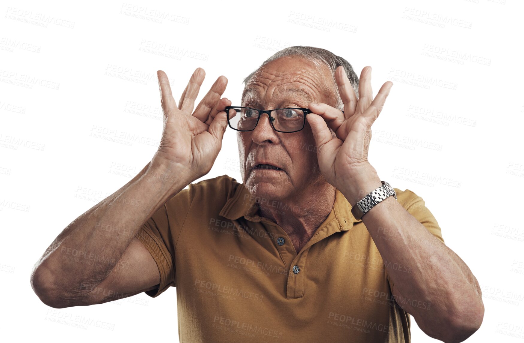 Buy stock photo Shock, vision and senior man with glasses, see and guy isolated against a transparent background. Mature male person, model and pensioner with eyewear, looking and surprise with optometry and png