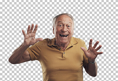 Buy stock photo Happy, dance and surprise with portrait of old man on transparent background for wow, announcement or crazy. Notification, celebration and excited with face of senior person isolated on png for party