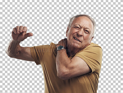 Buy stock photo Pain, senior man and hand on shoulder while frustrated with health problem, arthritis or osteoporosis. Elderly person with sore body muscle, injury or stress isolated on a transparent, png background