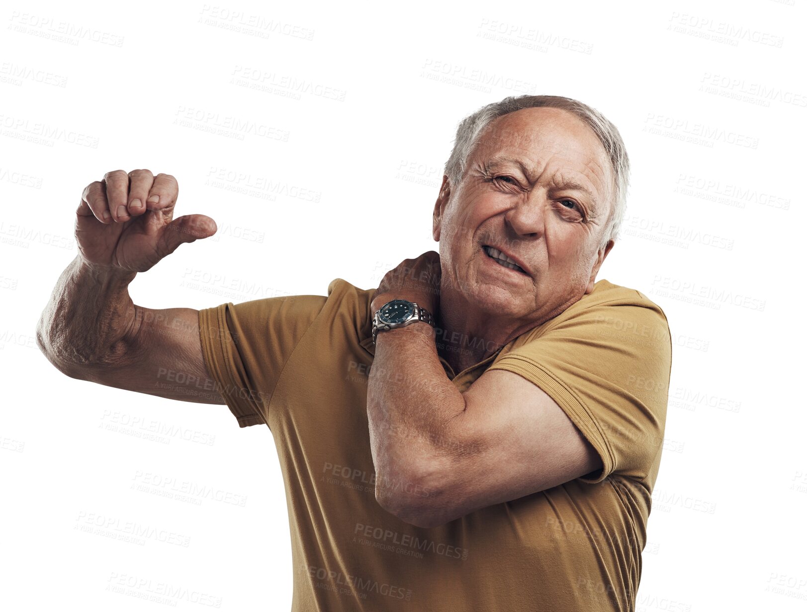 Buy stock photo Pain, senior man and hand on shoulder while frustrated with health problem, arthritis or osteoporosis. Elderly person with sore body muscle, injury or stress isolated on a transparent, png background