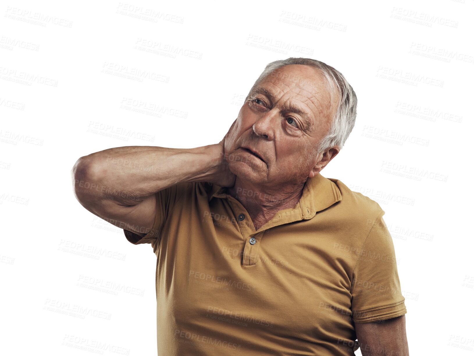 Buy stock photo Isolated senior man, neck pain and stress with frustrated face by transparent png background. Elderly person, old guy and angry with bone injury, arthritis or osteoporosis in retirement with thinking