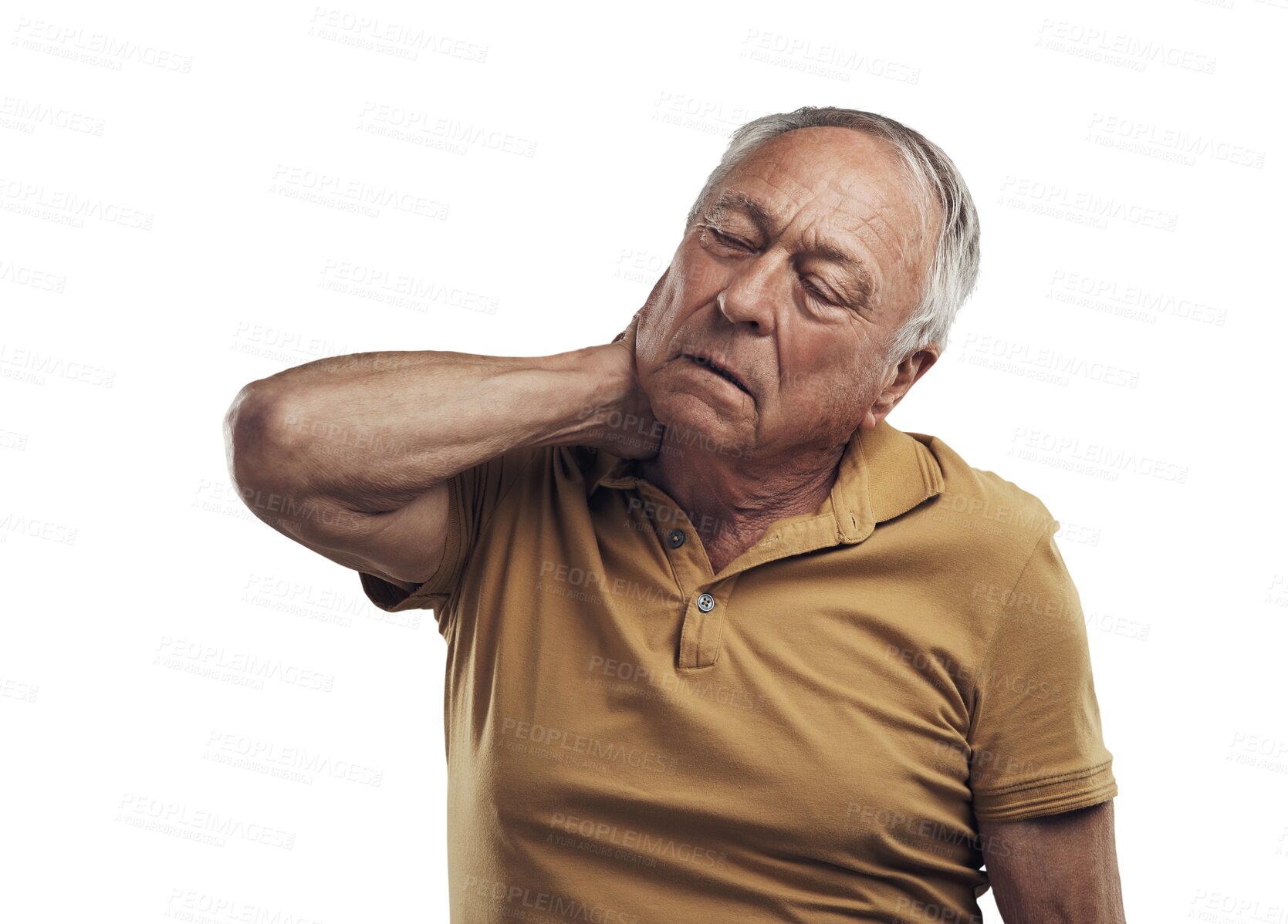 Buy stock photo Isolated senior man, neck pain and worry with frustrated face by transparent png background. Elderly person, old guy and angry with bone injury, arthritis or osteoporosis in retirement with problem