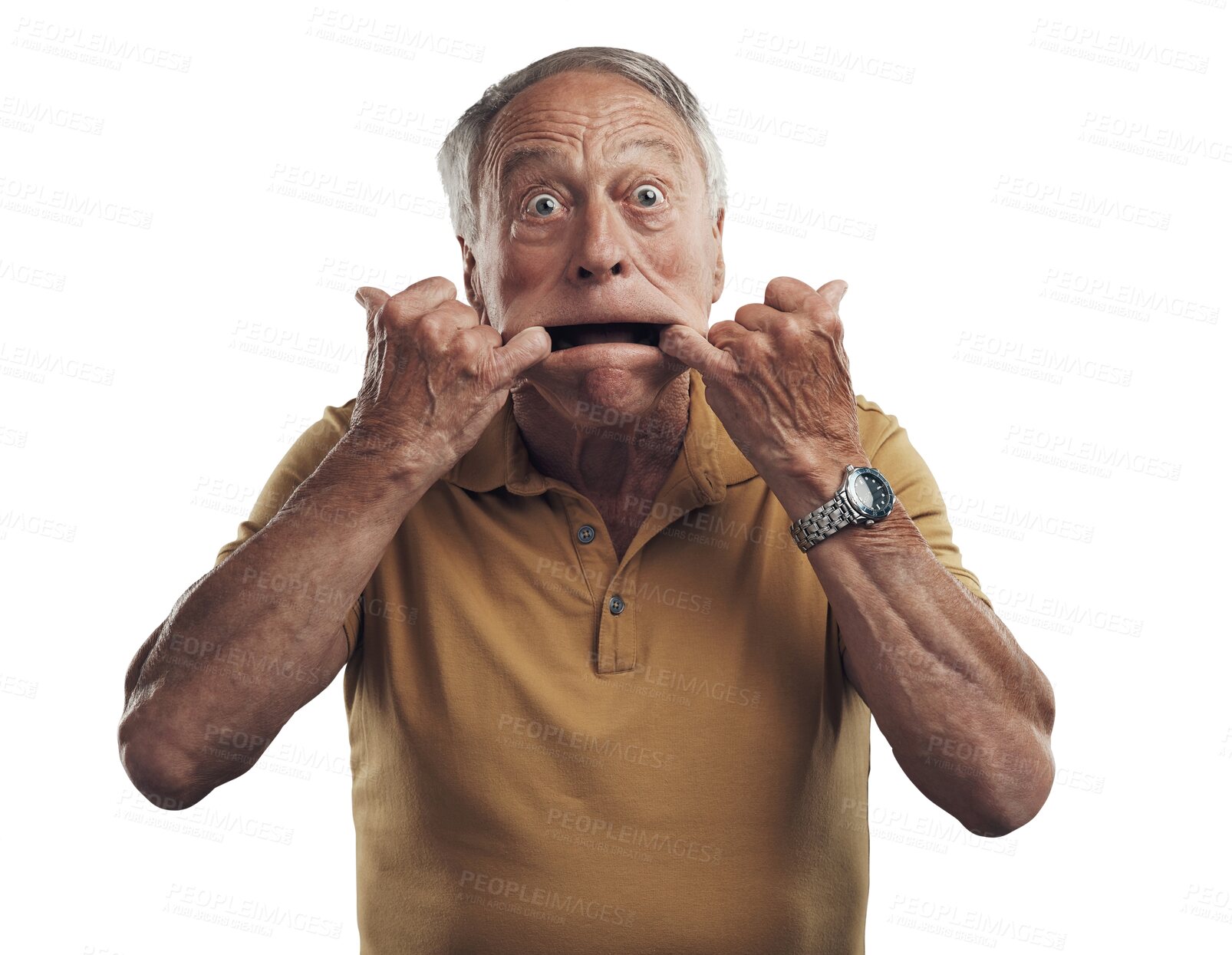 Buy stock photo Funny, face and mouth with portrait of old man on transparent background for comedy, goofy and silly. Joker, playful and crazy with senior male person isolated on png for  weird, meme and comic