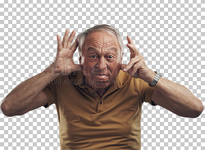 Buy stock photo Isolated senior man, funny face and tongue in portrait with comic joke by transparent png background. Elderly person, crazy expression and rude guy with emoji, hand sign and retirement with comedy