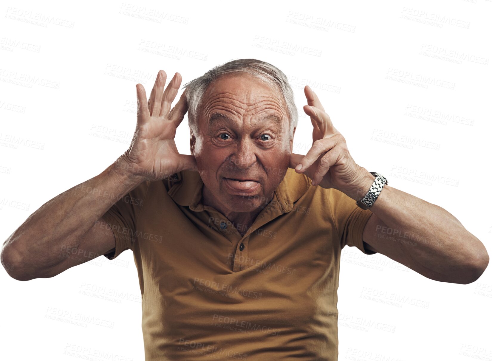 Buy stock photo Isolated senior man, funny face and tongue in portrait with comic joke by transparent png background. Elderly person, crazy expression and rude guy with emoji, hand sign and retirement with comedy