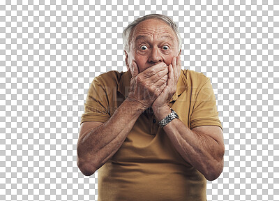 Buy stock photo Omg, senior man and hands or mouth is shocked in png or isolated and transparent background. Surprised male, secret and amazed or scared with drama or fear expression about information or gossip.