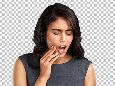 Buy stock photo Toothache, dental hygiene or woman with pain, cavity or girl isolated against a transparent background. Female person, model or lady with oral care, touching her cheek or dentistry with png or plaque