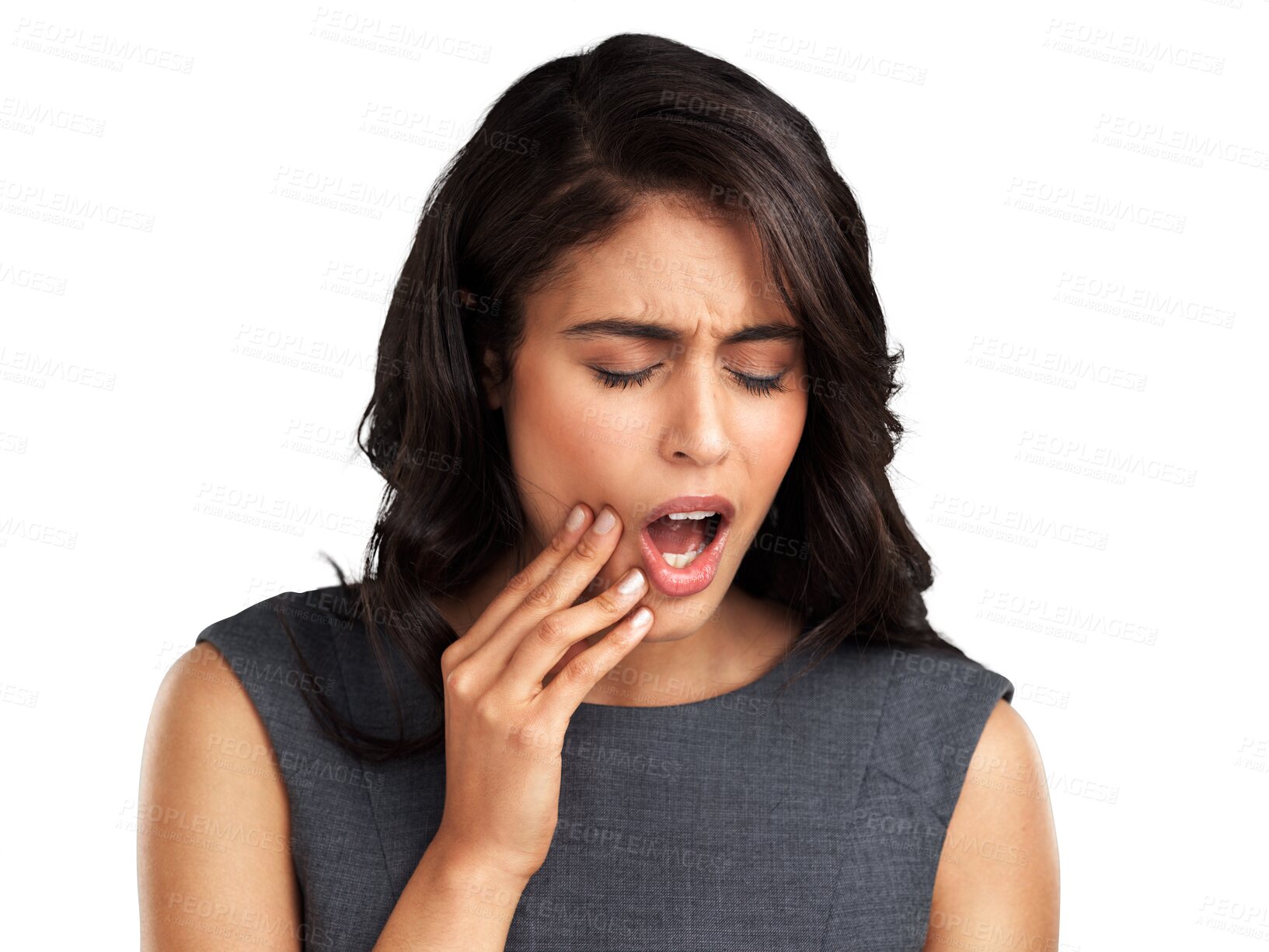 Buy stock photo Toothache, dental hygiene or woman with pain, cavity or girl isolated against a transparent background. Female person, model or lady with oral care, touching her cheek or dentistry with png or plaque