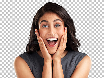 Buy stock photo Business woman, happy and surprise with wow expression for announcement isolated on transparent png background. Excited, shock and hands on face, female person with professional win and promotion